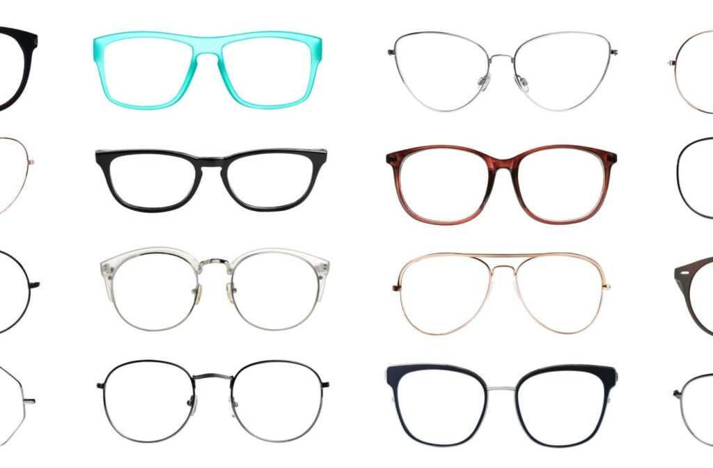 a variety of different glasses frames are organized row by row on a white background.